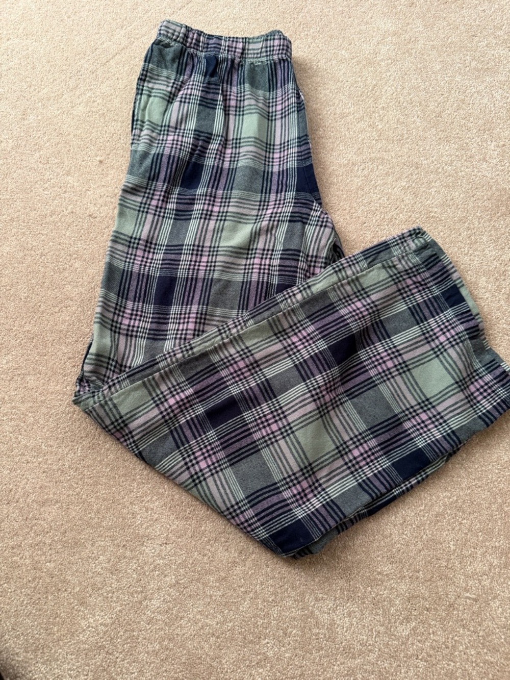 Roudelain Plaid Pajama Pants in Sage Green & Purple with Navy Stripes